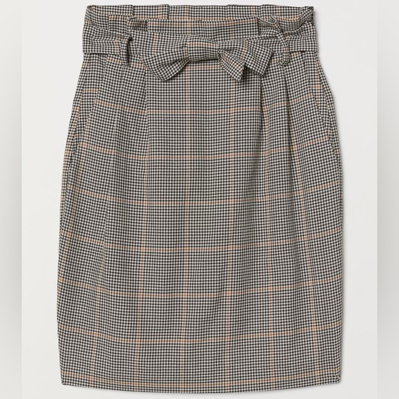 H&M Houndstooth Black Tan/Orange White Print Paperbag Skirt w/ Pockets Size 0 - Picture 2 of 9